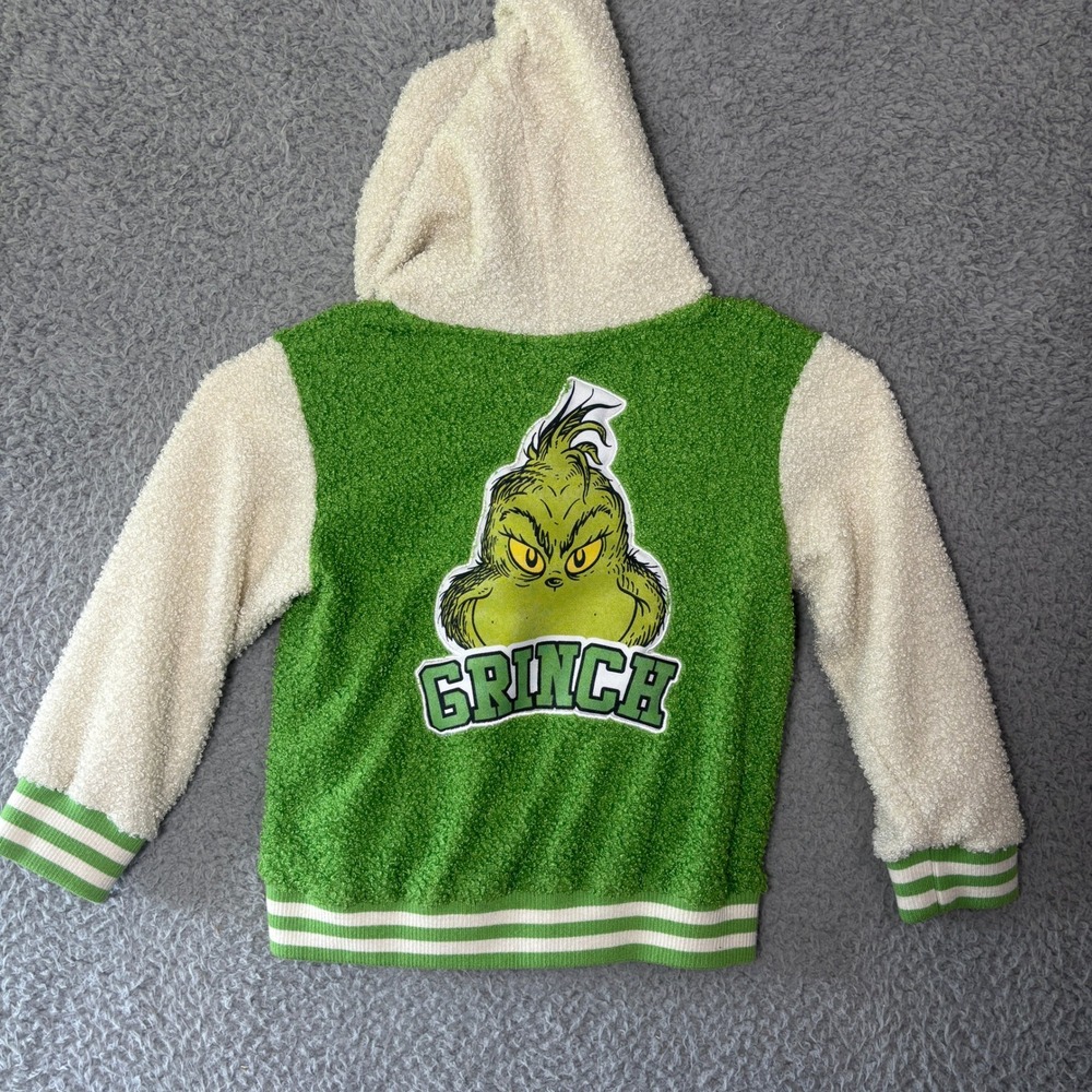Dr Seuss The Grinch Kids Green Faux Shearling Varsity Hooded Jacket 4T RN117508 - Picture 5 of 6